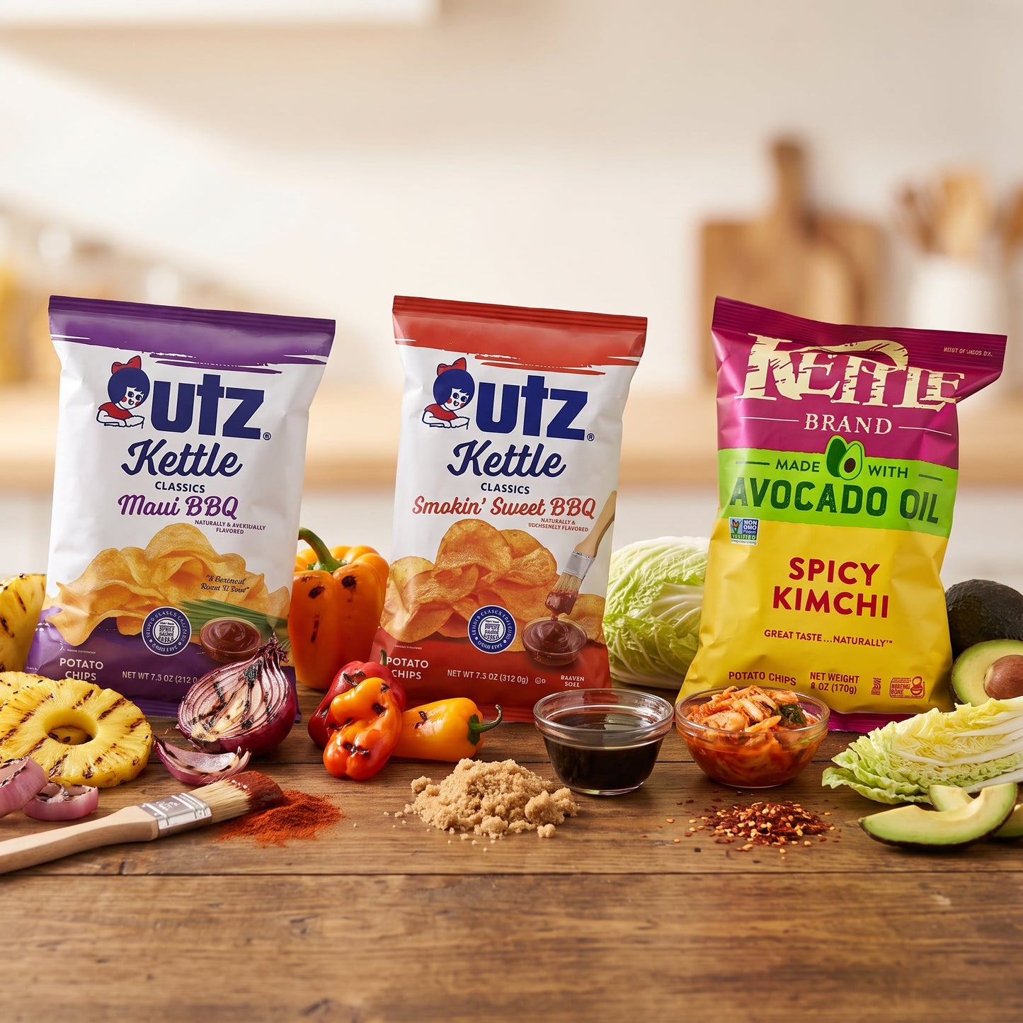 Utz Kettle Brand Snack Variety Pack — Potato Chips (Crab, Original, Maui, Smokin Sweet BBQ), Spicy Kimchi Kettle Chips, Popcorn (Butter, White Cheddar, Cheddar), Onion Rings Snacks - 9 Bags