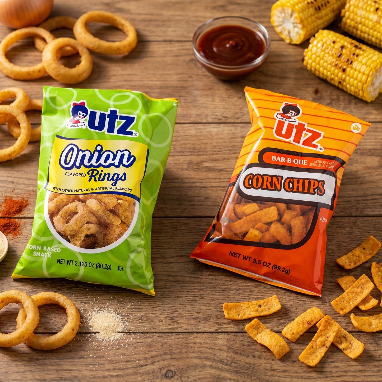 Utz Variety Pack – Onion Rings (6), Bar-B-Que Corn Chips (6) – Savory Snack Bags – 12 Bags
