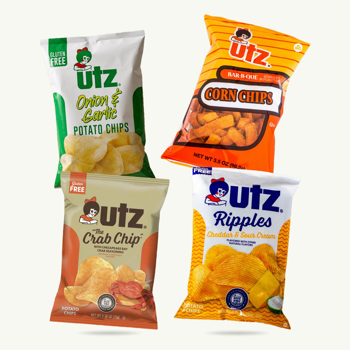 Utz variety pack, 4 bags: Onion and Garlic, Ripples Cheddar and Sour Cream, The Crab Chip, Bar-B-Que Corn Chips